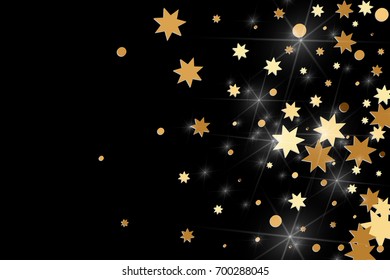 Gold confetti on a black background. Falling stars, glitter, dust and sparkles. Vector illustration. Golden explosion of confetti. Christmas backdrop. Shiny abstract glowing design. New Year cover.