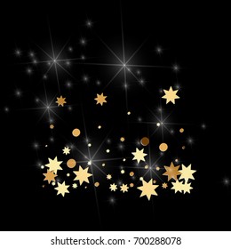 Gold confetti on a black background. Falling stars, glitter, dust and sparkles. Vector illustration. Golden explosion of confetti. Christmas backdrop. Shiny abstract glowing design. New Year cover.