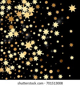 Gold confetti on a black background. Falling stars, glitter, dust and sparkles. Vector illustration. Golden explosion of confetti. Christmas backdrop. Shiny abstract glowing design. New Year cover.