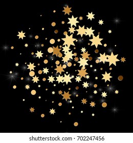 Gold confetti on a black background. Falling stars, glitter, dust and sparkles. Vector illustration. Golden explosion of confetti. Christmas backdrop. Shiny abstract glowing design. New Year cover.