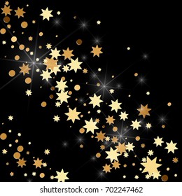 Gold confetti on a black background. Falling stars, glitter, dust and sparkles. Vector illustration. Golden explosion of confetti. Christmas backdrop. Shiny abstract glowing design. New Year cover.