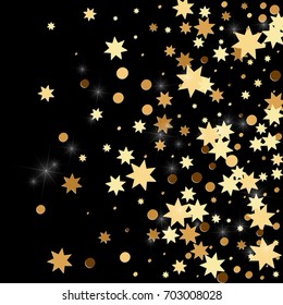 Gold confetti on a black background. Falling stars, glitter, dust and sparkles. Vector illustration. Golden explosion of confetti. Christmas backdrop. Shiny abstract glowing design. New Year cover.