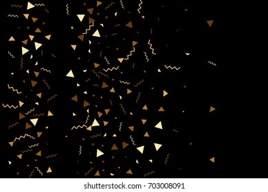 Gold confetti on a black background. Falling stars, glitter, dust and sparkles. Vector illustration. Golden explosion of confetti. Christmas backdrop. Shiny abstract glowing design. New Year cover.