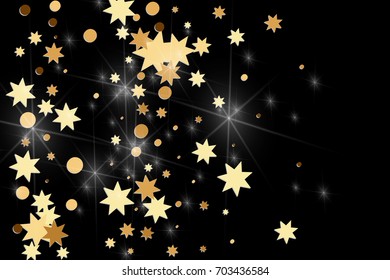 Gold confetti on a black background. Falling stars, glitter, dust and sparkles. Vector illustration. Golden explosion of confetti. Christmas backdrop. Shiny abstract glowing design. New Year cover.