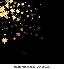 Gold confetti on a black background. Falling stars, glitter, dust and sparkles. Vector illustration. Golden explosion of confetti. Christmas backdrop. Shiny abstract glowing design. New Year cover.