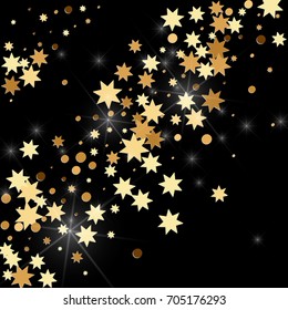 Gold confetti on a black background. Falling stars, glitter, dust and sparkles. Vector illustration. Golden explosion of confetti. Christmas backdrop. Shiny abstract glowing design. New Year cover.