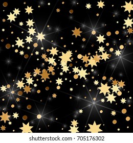 Gold confetti on a black background. Falling stars, glitter, dust and sparkles. Vector illustration. Golden explosion of confetti. Christmas backdrop. Shiny abstract glowing design. New Year cover.