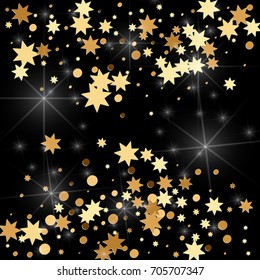 Gold confetti on a black background. Falling stars, glitter, dust and sparkles. Vector illustration. Golden explosion of confetti. Christmas backdrop. Shiny abstract glowing design. New Year cover.