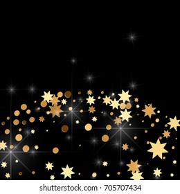 Gold confetti on a black background. Falling stars, glitter, dust and sparkles. Vector illustration. Golden explosion of confetti. Christmas backdrop. Shiny abstract glowing design. New Year cover.