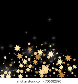 Gold confetti on a black background. Falling stars, glitter, dust and sparkles. Vector illustration. Golden explosion of confetti. Christmas backdrop. Shiny abstract glowing design. New Year cover.