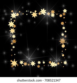 Gold confetti on a black background. Falling stars, glitter, dust and sparkles. Vector illustration. Golden explosion of confetti. Christmas backdrop. Shiny abstract glowing design. New Year cover.