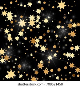 Gold confetti on a black background. Falling stars, glitter, dust and sparkles. Vector illustration. Golden explosion of confetti. Christmas backdrop. Shiny abstract glowing design. New Year cover.