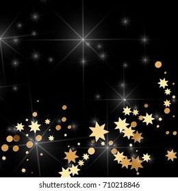 Gold confetti on a black background. Falling stars, glitter, dust and sparkles. Vector illustration. Golden explosion of confetti. Christmas backdrop. Shiny abstract glowing design. New Year cover.