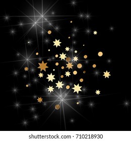 Gold confetti on a black background. Falling stars, glitter, dust and sparkles. Vector illustration. Golden explosion of confetti. Christmas backdrop. Shiny abstract glowing design. New Year cover.