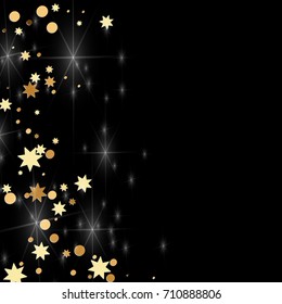 Gold confetti on a black background. Falling stars, glitter, dust and sparkles. Vector illustration. Golden explosion of confetti. Christmas backdrop. Shiny abstract glowing design. New Year cover.