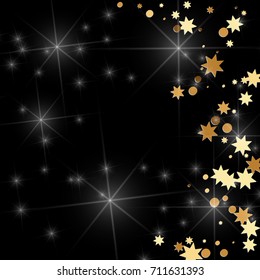 Gold confetti on a black background. Falling stars, glitter, dust and sparkles. Vector illustration. Golden explosion of confetti. Christmas backdrop. Shiny abstract glowing design. New Year cover.