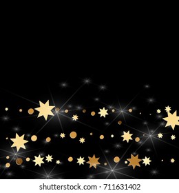 Gold confetti on a black background. Falling stars, glitter, dust and sparkles. Vector illustration. Golden explosion of confetti. Christmas backdrop. Shiny abstract glowing design. New Year cover.