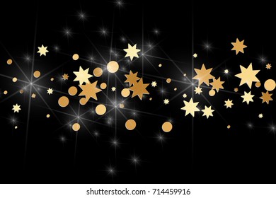 Gold confetti on a black background. Falling stars, glitter, dust and sparkles. Vector illustration. Golden explosion of confetti. Christmas backdrop. Shiny abstract glowing design. New Year cover.