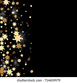 Gold confetti on a black background. Falling stars, glitter, dust and sparkles. Vector illustration. Golden explosion of confetti. Christmas backdrop. Shiny abstract glowing design. New Year cover.