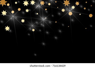 Gold confetti on a black background. Falling stars, glitter, dust and sparkles. Vector illustration. Golden explosion of confetti. Christmas backdrop. Shiny abstract glowing design. New Year cover.