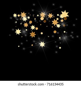 Gold confetti on a black background. Falling stars, glitter, dust and sparkles. Vector illustration. Golden explosion of confetti. Christmas backdrop. Shiny abstract glowing design. New Year cover.