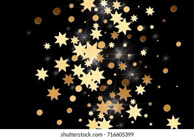 Gold confetti on a black background. Falling stars, glitter, dust and sparkles. Vector illustration. Golden explosion of confetti. Christmas backdrop. Shiny abstract glowing design. New Year cover.