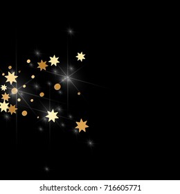 Gold confetti on a black background. Falling stars, glitter, dust and sparkles. Vector illustration. Golden explosion of confetti. Christmas backdrop. Shiny abstract glowing design. New Year cover.