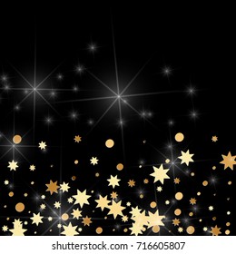 Gold confetti on a black background. Falling stars, glitter, dust and sparkles. Vector illustration. Golden explosion of confetti. Christmas backdrop. Shiny abstract glowing design. New Year cover.