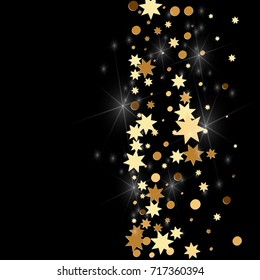 Gold confetti on a black background. Falling stars, glitter, dust and sparkles. Vector illustration. Golden explosion of confetti. Christmas backdrop. Shiny abstract glowing design. New Year cover.
