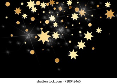Gold confetti on a black background. Falling stars, glitter, dust and sparkles. Vector illustration. Golden explosion of confetti. Christmas backdrop. Shiny abstract glowing design. New Year cover.