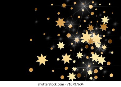 Gold confetti on a black background. Falling stars, glitter, dust and sparkles. Vector illustration. Golden explosion of confetti. Christmas backdrop. Shiny abstract glowing design. New Year cover.