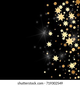 Gold confetti on a black background. Falling stars, glitter, dust and sparkles. Vector illustration. Golden explosion of confetti. Christmas backdrop. Shiny abstract glowing design. New Year cover.