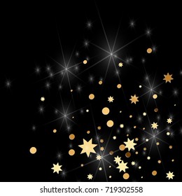 Gold confetti on a black background. Falling stars, glitter, dust and sparkles. Vector illustration. Golden explosion of confetti. Christmas backdrop. Shiny abstract glowing design. New Year cover.
