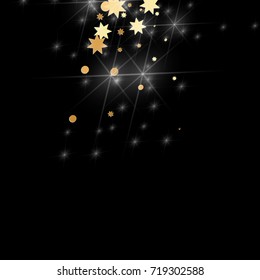 Gold confetti on a black background. Falling stars, glitter, dust and sparkles. Vector illustration. Golden explosion of confetti. Christmas backdrop. Shiny abstract glowing design. New Year cover.
