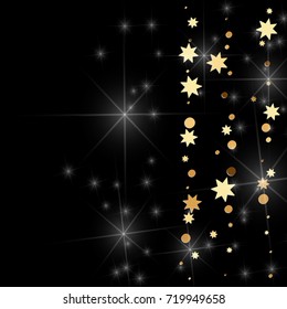 Gold confetti on a black background. Falling stars, glitter, dust and sparkles. Vector illustration. Golden explosion of confetti. Christmas backdrop. Shiny abstract glowing design. New Year cover.