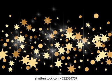 Gold confetti on a black background. Falling stars, glitter, dust and sparkles. Vector illustration. Golden explosion of confetti. Christmas backdrop. Shiny abstract glowing design. New Year cover.