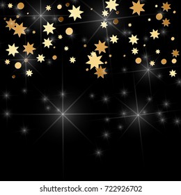 Gold confetti on a black background. Falling stars, glitter, dust and sparkles. Vector illustration. Golden explosion of confetti. Christmas backdrop. Shiny abstract glowing design. New Year cover.
