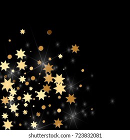 Gold confetti on a black background. Falling stars, glitter, dust and sparkles. Vector illustration. Golden explosion of confetti. Christmas backdrop. Shiny abstract glowing design. New Year cover.