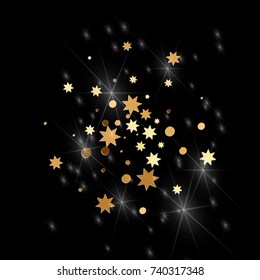 Gold confetti on a black background. Falling stars, glitter, dust and sparkles. Vector illustration. Golden explosion of confetti. Christmas backdrop. Shiny abstract glowing design. New Year cover.