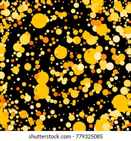 Gold confetti on a black background. Beautiful  bright background. Yellow Confetti. A frame of confetti. A scattering of confetti. Placer from the circles. Dots. Vector illustration.