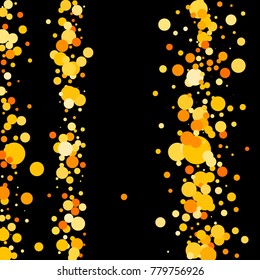 Gold confetti on a black background. Beautiful  bright background. Yellow Confetti. A frame of confetti. A scattering of confetti. Placer from the circles. Dots. Vector illustration.