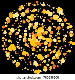 Gold confetti on a black background. Beautiful  bright background. Yellow Confetti. A frame of confetti. A scattering of confetti. Placer from the circles. Dots. Vector illustration.