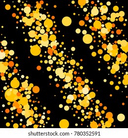 Gold confetti on a black background. Beautiful  bright background. Yellow Confetti. A frame of confetti. A scattering of confetti. Placer from the circles. Dots. Vector illustration.