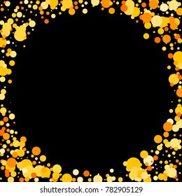 Gold confetti on a black background. Beautiful  bright background. Yellow Confetti. A frame of confetti. A scattering of confetti. Placer from the circles. Dots. Vector illustration.