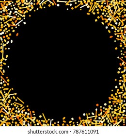 Gold confetti on a black background. Beautiful bright background. Gold Confetti. A frame of confetti. A scattering of confetti. Placer from the circles. Dots. Vector illustration. Gold.