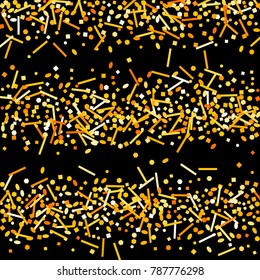 Gold confetti on a black background. Beautiful bright background. Gold Confetti. A frame of confetti. A scattering of confetti. Placer from the circles. Dots. Vector illustration. Gold.