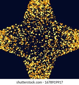 Gold Confetti on Black. Isolated Golden Dust Particles. Random Bridal Backdrop. Foil Border. Geometric Anniversary Backdrop. Vector Round Bokeh. Abstract Iridescent Background. Fluid Birthday Card.