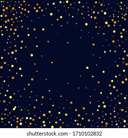 Gold Confetti on Black. Isolated Golden Dust Particles. Fluid Birthday Card. Geometric Anniversary Backdrop. Random Bridal Backdrop. Foil Border. Vector Round Bokeh. Abstract Iridescent Background.
