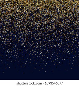 Gold Confetti on Black. Isolated Golden Dust Particles. Geometric Anniversary Backdrop. Random Bridal Backdrop. Foil Border. Vector Round Bokeh. Abstract Iridescent Background. Fluid Birthday Card.