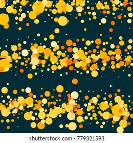 Gold confetti on a blue background. Beautiful  bright background. Yellow Confetti. A frame of confetti. A scattering of confetti. Placer from the circles. Dots. Vector illustration.